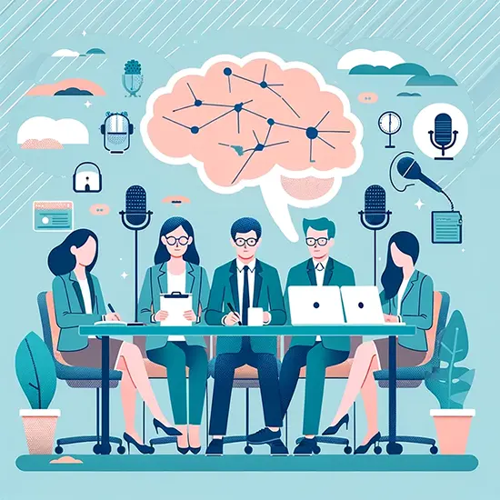 Illustrazione flat design di giornalisti che collaborano per comunicare la neurodiversità sui media.