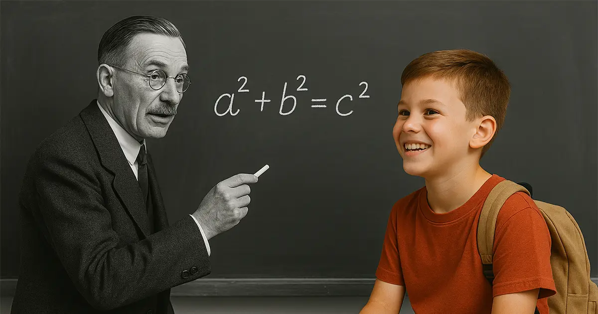 Insegnante d’epoca spiega la formula di Pitagora a un bambino moderno sorridente, simbolo del dialogo tra passato e presente nella comprensione dell’autismo.