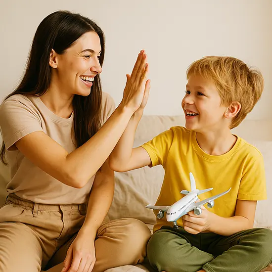 Madre e figlio sorridenti si danno il cinque, simbolo di supporto, fiducia e connessione nella crescita verso l’autonomia.