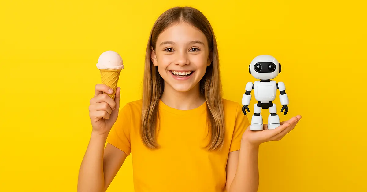 Ragazza sorridente in maglietta gialla che tiene un cono gelato e un piccolo robot bianco su sfondo giallo intenso