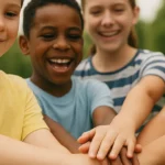 Bambini di diverse etnie che si tengono per mano sorridendo, simbolo di unione, inclusione e sviluppo