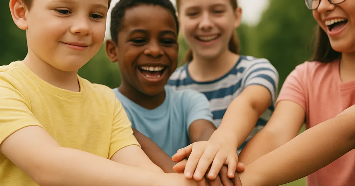 Bambini di diverse etnie che si tengono per mano sorridendo, simbolo di unione, inclusione e sviluppo