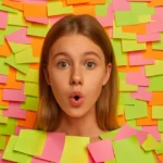 Studentessa sorpresa davanti a muro di post-it colorati, simbolo di memoria di lavoro sovraccarica nell’ADHD